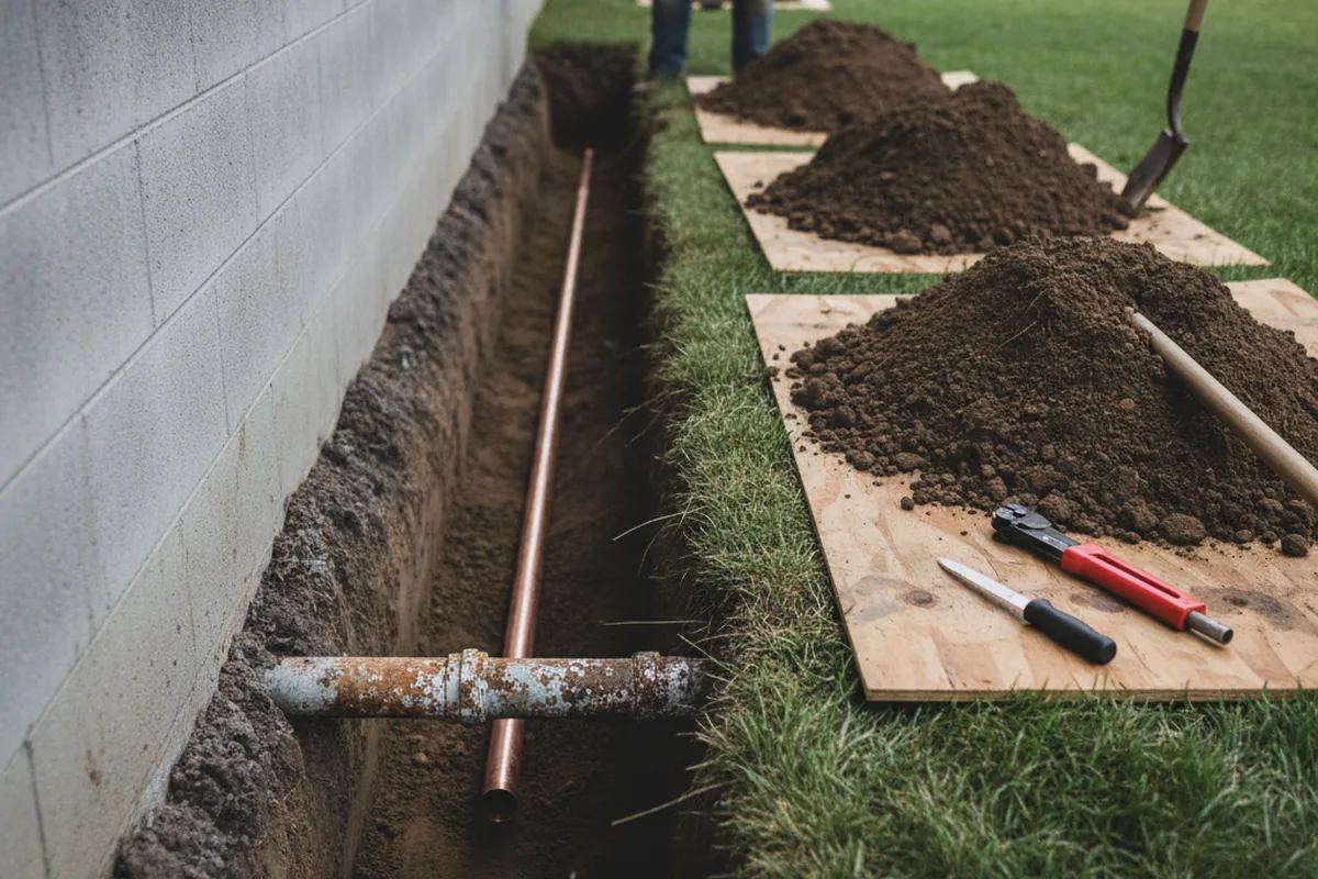 Excavated water line trench during Water Heater Repair in Porum